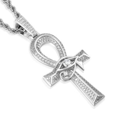Imagem de Wisbal Pingente masculino de cruz Ankh olho de Hórus banhado a ouro quadrado cristal zircão Ankh pingente de latão, Latão, Zircônia cúbica