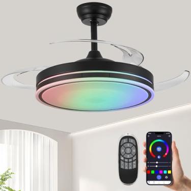 Imagem de Zynfandor Ventilador De Teto Retrátil Rgb 48" Com Luz, Alto-Falante Embutido, Moderno Fandelier, 6 Velocidades, Lâminas Reguláveis, Controle Remoto Por Aplicativo, Temporizador Memória, Preto