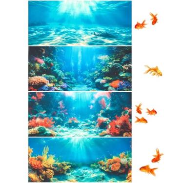 Imagem de Mindsoft Pacote com 4 pacotes de fundo de aquário poliéster 76 x 45 cm pano de fundo de aquário corais submarinos luz do sol rocha plantas aquáticas papel de parede com fita dupla face