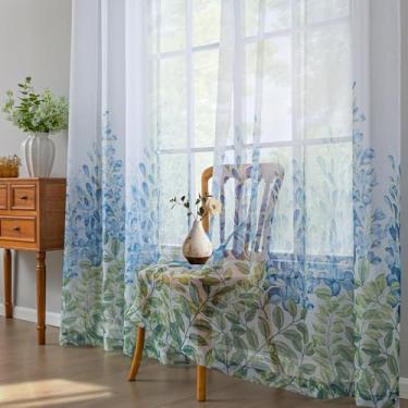 Imagem de Cortinas para sala de estar, filtragem de luz com amarração nas costas, boho, azul, floral, estampa de linho, semitransparente, cortinas de janela, 248 cm de comprimento, folhas verdes, banheiro,