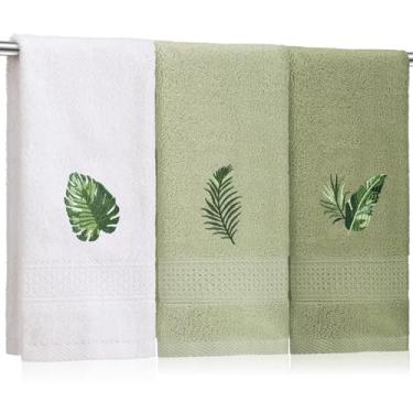 Imagem de SmoothNovelty 3 peças de toalhas de mão de folhas de palmeira tropicais para decoração de banheiro folhas de Monstera de verão bordadas toalhas de algodão macio absorvente 33,78 x 73 centímetros