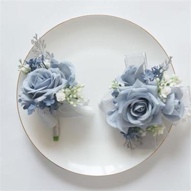 Imagem de Jackcsale Conjunto de corpete e flor na lapela rosa azul claro com flores artificiais, corpete e flor na lapela para homens, casamento, chá de panela, decoração de terno de formatura