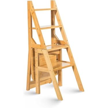 Imagem de Cadeira De Escada Multifuctio De Madeira Maciça Home Kitche Cadeira De Escada Dobrável De Uso Duplo Móvel 4 Degraus Escada Ascedig Stool, Wood Color