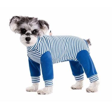 Imagem de HDKUW Macacão de cachorro pequeno, traje de recuperação, pijama listrado anti-queda, camisa macacão pós-cirurgia, casaco suéter para filhote azul 2GG