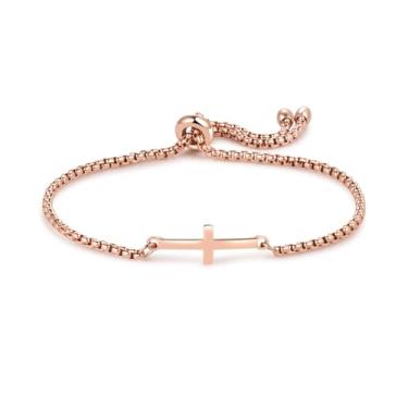 Imagem de MiiFort Pulseiras deslizantes horizontais de cruz lateral, presentes para filha, mulheres, aniversário, caixa ajustável, pulseira de elos de aço inoxidável, dourado, prata, ouro rosa, One Size, Aço