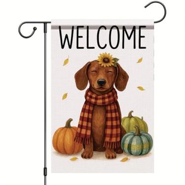 Imagem de Starlit Patio Bandeira de jardim de outono de Ação de Graças bandeira de cachorro Dachshund 30,5 x 45,7 cm dupla face abóbora girassol folha quintal banner outono decoração ao ar livre para varanda