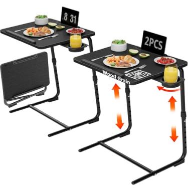 Imagem de Conjunto de 2 bandejas de TV dobráveis e ajustáveis para comer no sofá, mesas de madeira, suporte dobrável, preto, com suporte para copos, portátil