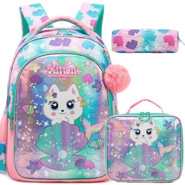 Imagem de Oruiji Mochila escolar para meninas de 8 a 12 anos, mochila com lancheira de volta às aulas, Gato rosa, Moderno