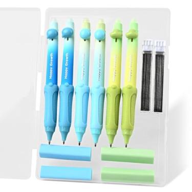 Imagem de Temiary Lindo conjunto de lapiseira com capa, 6 lápis de ponta média de 0,9 mm com 2 tubos de refil de grafite HB, 4 borrachas para material escolar, escrita de alunos, esboços de desenho (Morandi)