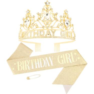 Imagem de AHONEY Tiara dourada e faixa com glitter para mulheres e meninas, acessórios de aniversário para festas, lembrancinhas e decorações, pacote com 2