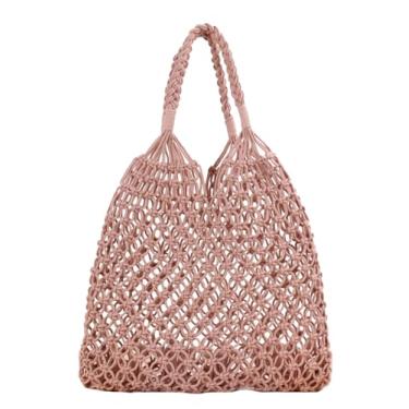 Imagem de SHAREOIU Bolsa feminina de tecido de algodão com alça superior, bolsa de praia de malha de corda feita à mão, rosa
