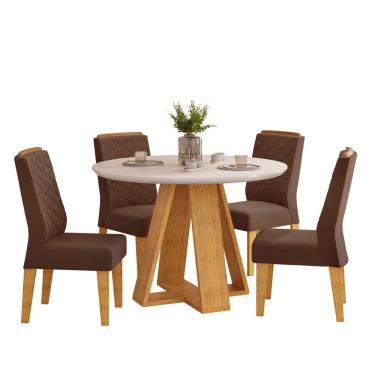 Imagem de Conjunto Sala de Jantar 4 Cadeiras Tampo Redondo com Vidro Kiara Cedro Off White Yasmin Veludo Moca - DJ Móveis