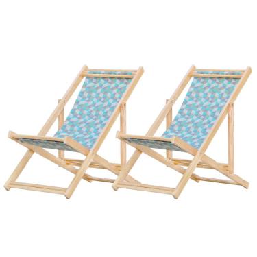 Imagem de Kit 2 Espreguiçadeiras Preguiçosa Dobrável sem Braço Madeira Maciça com Tecido Colorido