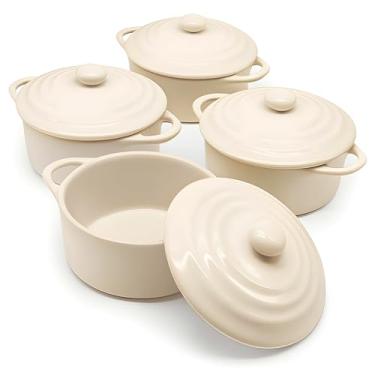 Imagem de Kook Conjunto de mini cocotte de cerâmica, pequenos pratos de caçarola com tampas e alças, ramequins individuais para assar, forno, micro-ondas e lava-louças, grés, 340 g, conjunto com 4 (marfim)