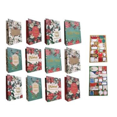 Imagem de Kit 12 Sacolas de Natal +2 Cartela Adesivo Presente Natalino - MultiA