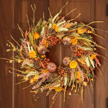 Imagem de Guirlanda de abóbora de outono de 66 cm com pinhas e frutas silvestres, guirlanda de lavanda artificial de outono para porta da frente externa, dia das bruxas, parede de casa, casa de fazenda, férias