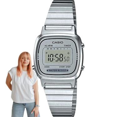 Imagem de Relógio de Pulso Casio Feminino Digital Vintage Clássico Quadrado Pequeno Aço Inóx Resistente Água Retrô Casual Elegante Prata LA670WA-7DF