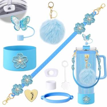 Imagem de Conjunto de 9 peças de acessórios para copos Stanley, incluindo alça ajustável para garrafa de água, bota de silicone, capa de cobertura de canudo de silicone, plugue antiderramamento, pingentes fofos