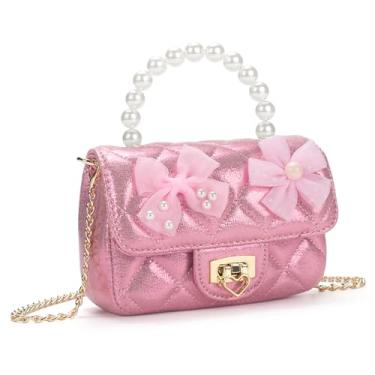 Imagem de LJCTULY Bolsa feminina com alça de pérola | Bolsa infantil decorada com laço com trava de coração, alça de corrente ajustável, presente de aniversário, Rosa choque, Laço de flores