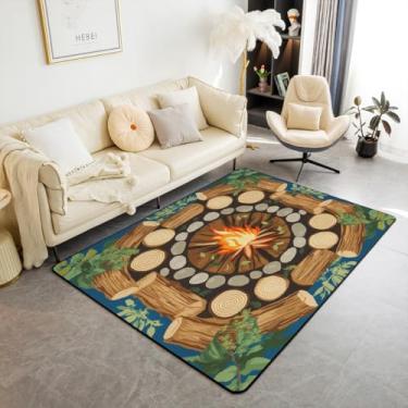 Imagem de Erosebridal Tapete de área de acampamento 1,88 m x 1,28 m para sala de estar, para crianças, meninos, meninas, vintage, toco de árvore, tapete decorativo, floresta, planta, folhas de madeira, lavável,