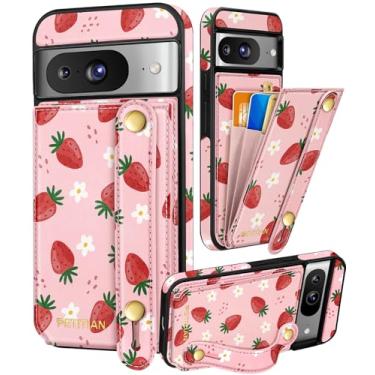Imagem de Petitian Capa para Google Pixel 8A com carteira – Pulseira feminina bonita feminina estética design exclusivo suporte de cartão de crédito suporte de cartão de crédito para Pixel 8A, morango