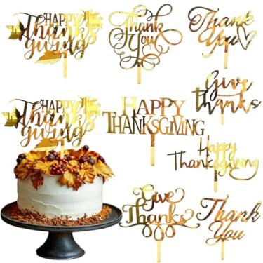 Imagem de mdgfge 8 peças de enfeite de bolo de feliz ação de graças decoração de bolo de acrílico dourado folhas de outono carta de agradecimento cupcake escolhas de bolo para Ação de Graças outono casamento