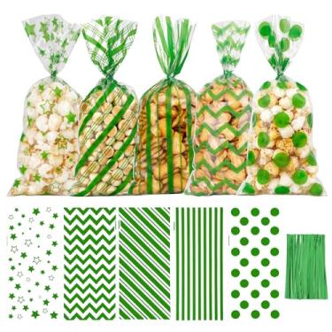 Imagem de Sacos de guloseimas de celofane verde, 100 peças, saco de presente de doces de plástico transparente, saco de biscoito com laços listrados, pontos, onda de estrela, padrão impresso para Natal