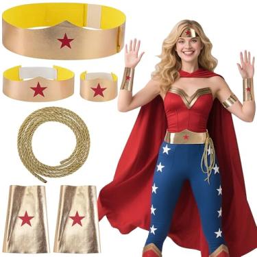 Imagem de 5 peças/conjunto de acessórios de fantasia de Mulher da Estrela Maravilha, acessório de cosplay de Halloween, tiara dourada de mulher de herói, conjunto de laço de cinto de braçadeira para adultos