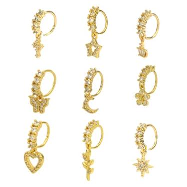Imagem de Mikovivi Conjunto de 9 Piercings Nariz Pendentes para Mulheres, Piercing de Cobre Zircônia Cúbica Coroa Folhas Sol Flor Borboleta Lua Estrela Coração Cruz Argolas para Septo Cartilagem e Tragus (Dourado)