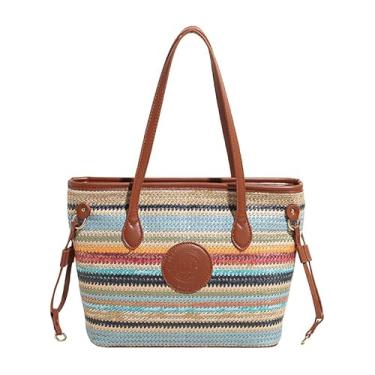 Imagem de ZOCILOR Bolsa feminina de ombro de palha com acabamento em couro PU, bolsa de praia grande, leve e casual de verão, Azul 1