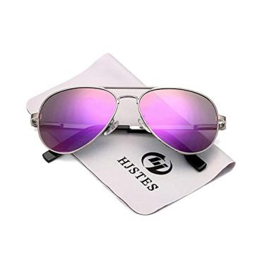 Imagem de HJSTES Óculos de sol aviador infantis polarizados para meninas, meninos, óculos clássicos juvenis, lentes de proteção UV400, 52 mm, Espelho A06 prata/roxo, Small