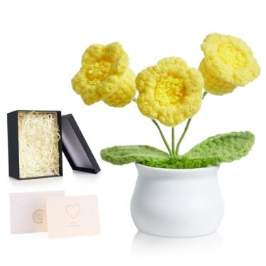 Imagem de ZHIYUXI Lírio amarelo claro do vale flor de crochê artificial orquídea decoração de mesa presentes para mulheres, flores eternas feitas à mão, flor de malha para painel de carro, decoração de