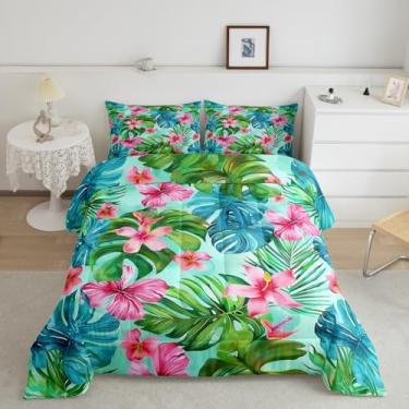Imagem de Conjunto de edredom infantil com folhas tropicais, plantas botânicas à beira-mar para mulheres e meninas, conjunto de edredom com 3 peças de folhas coloridas de verão, enchimento de edredom com tema