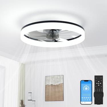 Imagem de VOLISUN Ventiladores de teto de perfil baixo com luzes e controle remoto, ventilador de teto sem lâmina com montagem embutida de luz, sem montagem, 3000K-6500K regulável, lustre preto ventiladores de