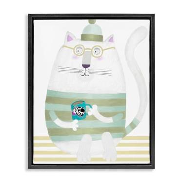 Imagem de Stupell Industries Caneca de gato com vaca em tela flutuante emoldurada preta design de arte de parede por Carla Daly, 78 x 63 cm