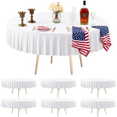 Imagem de Pacote com 6 toalhas de mesa brancas redondas de elastano para mesas de 180 cm, toalha de mesa elástica com saia, sem vincos, para festa de aniversário, formatura e decoração de casa