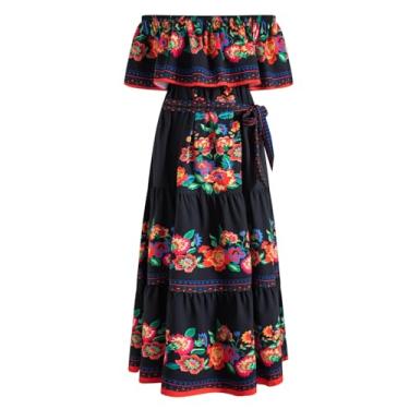 Imagem de Vestido feminino mexicano tomara que caia floral longo maxi vestido cinco de maio vestidos com cinto, Preto, M
