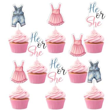 Imagem de Cheerupp 36 peças de enfeites de cupcake de roupas de bebê boho, decoração de cupcake para ele ou ela, tema de roupas de bebê, escolhas de cupcake para revelar o gênero, suprimentos de festa de chá de