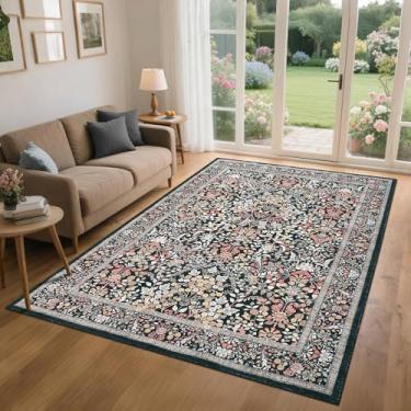 Imagem de COZYLOOM Tapete floral Farmhouse, 22,5 x 30,5 cm, lavável para sala de estar, antiderrapante, tapete interno dobrável fino, macio, estampado, revestimento de pelo baixo para quarto, escritório, preto