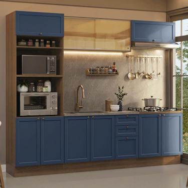 Imagem de Cozinha Completa Vik 10 Portas 3 Gavetas MDF 270 cm Rustic-azul Estilo Rústico