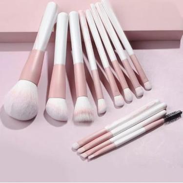 Imagem de Kit Profissional de Pincéis de Maquiagem, 12 Peças, para Esfumar e Contorno, Branco e Rosa