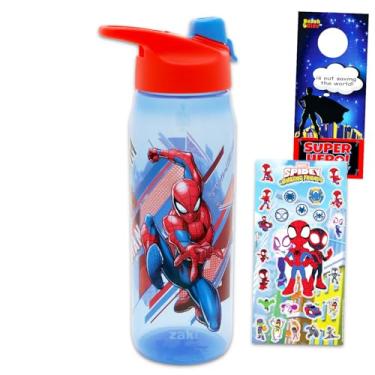 Imagem de Marvel Conjunto de material escolar de garrafa de água do Homem-Aranha com copo de 590 ml, adesivos, mais | Conjunto de garrafa de água reutilizável do Homem-Aranha