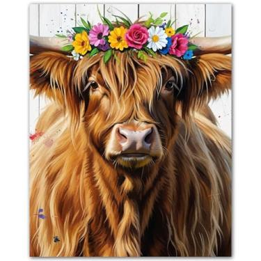 Imagem de ZUKIY Amuleto floral de franja Highland - Arte de parede de vaca Highland - Decoração de parede de imagens de vaca - Arte de cozinha de galo - Decoração de vaca para quarto - Galinha e galo