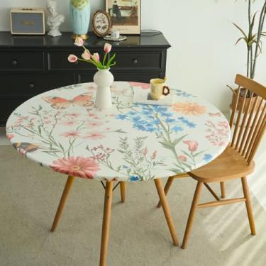 Imagem de IBEQUEM Toalha de mesa redonda com borda elástica, capa de mesa de plástico à prova d'água à prova de óleo, toalha de mesa de flanela de vinil para mesas redondas de 152 cm para jantar, ao ar livre