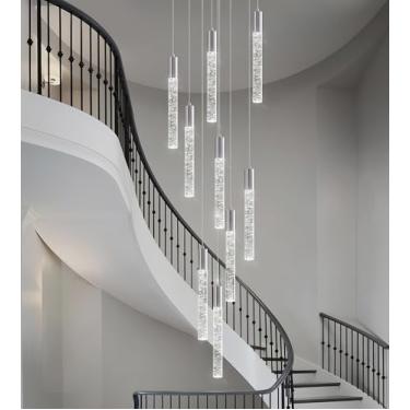 Imagem de Phoonyii Lustre de cristal de teto alto de 9 luzes, luminária pendente de gota de chuva de LED moderna 200,7 cm H Lustre de montagem embutida cromado para hall de entrada, escada, sala de estar