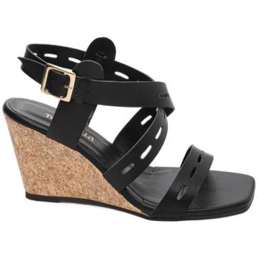 Imagem de Sandália Anabela Salto Plataforma 7 cm Feminina Fivela Dourada Preto -