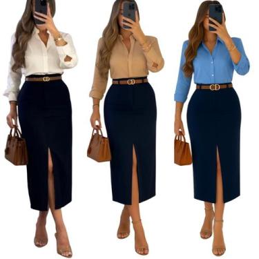 Imagem de conjunto feminino com saia midi alfaiataria e camisa social manga long