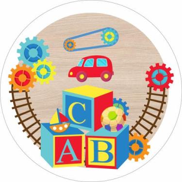 Imagem de Painel de Lona Redondo Fábrica de Brinquedos Fundo de Madeira - Fabrik