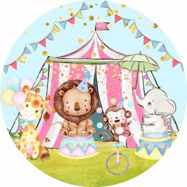 Imagem de Painel de Tecido Sublimado Redondo Circo Aquarela Animais Malabaristas