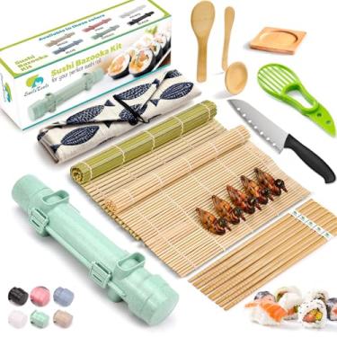 Imagem de SmileTools Kit de fabricação de sushi, kit de fazer sushi 22 em 1 com tapetes de bambu para sushi, bazuca, faca de chef, pauzinhos, pratos de molho, espalhador de arroz, fatiador de abacate, guia